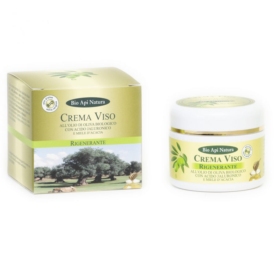 Crema viso rigenerante all'olio di oliva biologico con acido jaluronico e miele