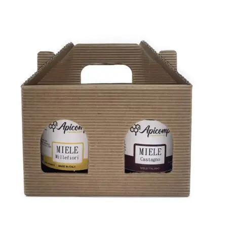 Idea regalo: 2 vasi di miele da 250 g, millefiori e castagno, in scatola avana