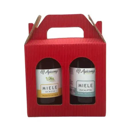 Idea regalo: 2 vasi di miele da 250 g, acacia ed eucalipto, in scatola rossa