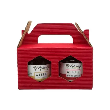 Idea regalo: 2 vasi di miele da 125 g, millefiori e corbezzolo, in scatola rossa