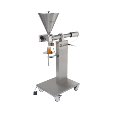 Dosatrice volumetrica semiautomatica con imbuto inox 25 litri, dosi 100-600 cc
